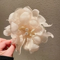 French style lily flower hair claw clip in beige fabric with elegant pearl accents - Champagne Flower Pearl Claw Clip (111#)