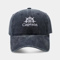 Retro washed denim baseball cap with captain steering wheel embroidery for men and women - Adjustable / Navy Blue