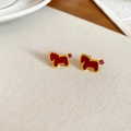 Detail shot of red enamel horse earrings with gold trim on soft textured fabric - Pony Stud Earrings with Silver Pin