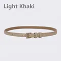 Women's thin leather belt in light khaki with matching square pin buckle and loops - Light Khaki