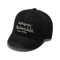 Detail of black denim baseball cap with white script embroidery and short brim - M(56-58cm) / Black