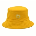 Bright yellow cotton bucket hat with white daisy embroidery and stitched brim detail - M (56-58cm) / Yellow