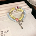Double-layer beaded bracelet with colorful glass beads and silver bow flower charms - Style 96 Bracelet / Blue/Yellow/Pink
