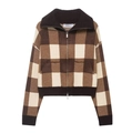 Dettaglio della giacca bomber in maglia a quadri con motivo patchwork marrone e trama - S / Quadri multicolore