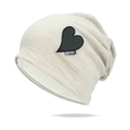 Beige knitted slouchy beanie with black heart leather patch and ribbed texture - One Size / Off White
