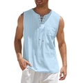 Detail of light blue linen vest featuring a lace-up V-neck and a front chest pocket - S / Light Blue