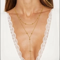 Elegant gold-tone double-layered necklace with delicate beads and Y-shape pendant - Gold Double Layer Layered Bead Style (0930)