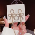 Elegant gold bow earrings with crystal tassels and S925 silver needle for women - Pave Bowknot Tassel (E0075 Gold)