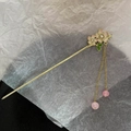 Chinese gold hair pin with pink cherry blossoms, pearls and elegant tassel chains - Double Plum Blossom