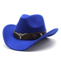 Chapeau de cowboy bleu roi en feutre de laine avec bande cuir et crâne de taureau argent - M (56-58cm) / Bleu saphir