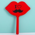Red lip-shaped handheld makeup mirror with handle and mustache graphic on back - 12*16cm / Red (Heart Mustache Pattern)