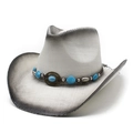 White straw cowboy hat with turquoise beads and gray gradient brim for outdoor sun protection - Black and White