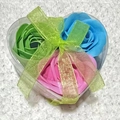 Heart-shaped gift box with three pink green and blue soap flowers and ribbon - Three-color Light