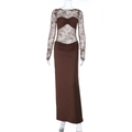 Detailed close-up of brown long sleeve dress featuring intricate lace patchwork on the top - S / Brown