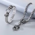 Silver punk lion head necklace and bracelet set in polished stainless steel weave - 12*230mm Bracelet Set