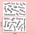 Black cursive script budget category stickers for housing and food on pink background - 28 Pcs Black English Script (Style A)