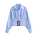 Gestreepte blouse met lange mouwen, reverskraag en tailleceintuur met bruine gesp - XS / Blauw