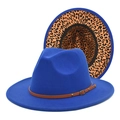 Classic royal blue fedora hat with leopard print brim and brown leather strap accent - M (56-58cm) / Sapphire Blue