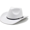 Detail of white felt cowboy hat with black decorative band and silver engraved buckle - M (56-58cm) / White