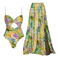 Zeester bloemen badpak met bijpassende strandrok met split en goudkleurig detail - S / Badpak + Maxi Rok Set / Geel Bloemen