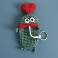 Handmade green knitted monster key holder with big lips and a red heart charm - Dark Green Flat Mouth