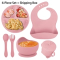 Rosa Silikon Baby Fütterungsset 6-teilig mit Lätzchen Teller und Saugnapf Schale - 6-teiliges Set mit Vollsilikon-Besteck / Rosa