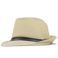 Dettaglio della trama a rete traspirante su un cappello fedora estivo beige con nastro nero - M (56-58cm) / Beige