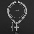Close-up of silver Cuban chain with rhinestone cross pendant showing 45cm length scale - Pendant with 18inch Cuban Chain / Silver
