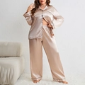 Dames satijnen pyjamaset in champagnegoud met lange mouwen en zwarte biezen - 1XL / Champagne