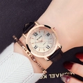 Montre à quartz pour femme avec bracelet en cuir noir et bracelet jonc en or rose - Noir