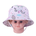 Detail of kids bucket hat featuring cartoon unicorn prints and white windproof strap - 50cm / Diamond Rainbow Unicorn
