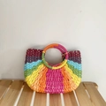 Rainbow woven straw handbag with colorful stripes and round top handles for beach vacation - Purple