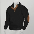 Detail eines schwarzen Herren-Strickpullovers mit Stehkragen und braunen Ellbogen-Patches - S / Schwarz
