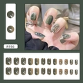 Short square press-on nails with dark green marble smudge design and leaf accents - Glue Type / Olive Cold Brew (R956)