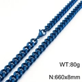 Vintage style men's blue stainless steel Cuban link chain necklace with polished metal finish - 8mm Blue (KN284966-KFC)