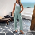 Women's chic green sleeveless V-neck jumpsuit with side pockets for casual summer wear - S / Bean Green