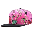 Close-up of pink snapback hat featuring butterfly and golden baroque patterns - Adjustable / Flat Brim / Pink Baroque