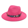 Close-up of pink straw fedora hat with snake print band and golden metal buckle - M (56-58cm) / Rose Red