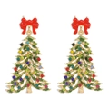 Close-up of Christmas tree earrings with colorful rhinestones and red enamel bows - Red Bow Green Christmas Tree / Red Bow