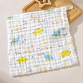 Soft white 6-layer cotton gauze baby towel with cute blue and yellow dinosaur print - Dinosaur