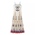 Detail of the multi-layered bohemian floral print maxi dress with colorful hem stitching - S / Red Hem