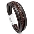 Men's multi-layer braided leather bracelet in dark brown with silver magnetic clasp - Silver Alloy Clasp + Brown Leather