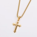 Detail of a gold-plated textured cross pendant with a center crystal on a box chain - With Chain / Gold