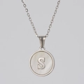 Minimalist silver stainless steel necklace with shell inlay and letter S pendant - Silver White Shell Letter S