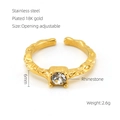 Adjustable gold plated stainless steel ring with 6mm rhinestone and wavy band detail - Round Rhinestone Wave Pattern (686)