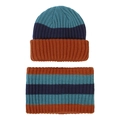 Detail of winter knit hat and scarf set featuring blue and caramel striped rib fabric - Caramel Navy & Teal