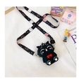 Black silicone cat crossbody bag with cartoon ears and printed strap on white background - Black