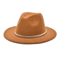 Detail of caramel wool fedora hat featuring a stylish metallic gold and silver band - Khaki