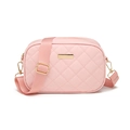 Pink quilted crossbody camera bag with adjustable fabric strap and gold hardware - Pink