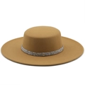 Classic camel wool felt flat top boater hat with rhinestone band and letter M detail - M(56-58cm) / Camel